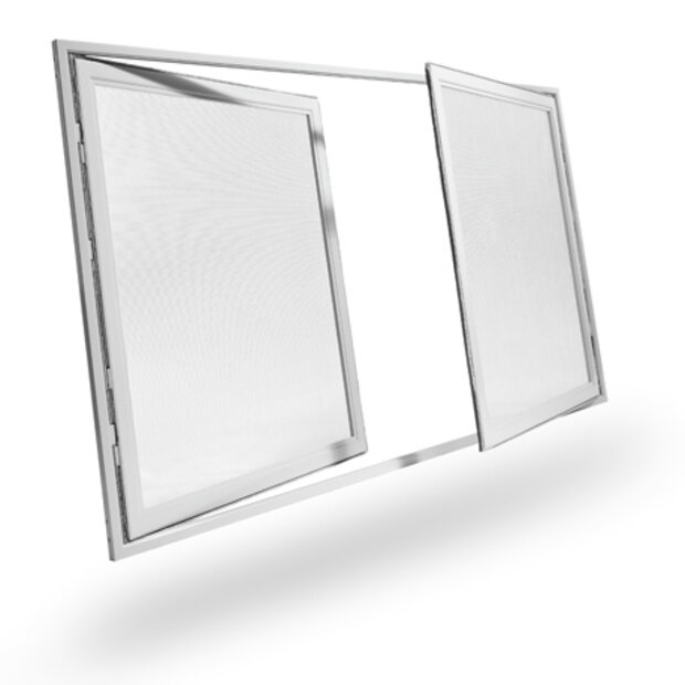     Metallrahmen mit zwei feinmaschigen Flügeln, einer davon geöffnet – zeigt moderne Konstruktion für Fenster oder Türen.